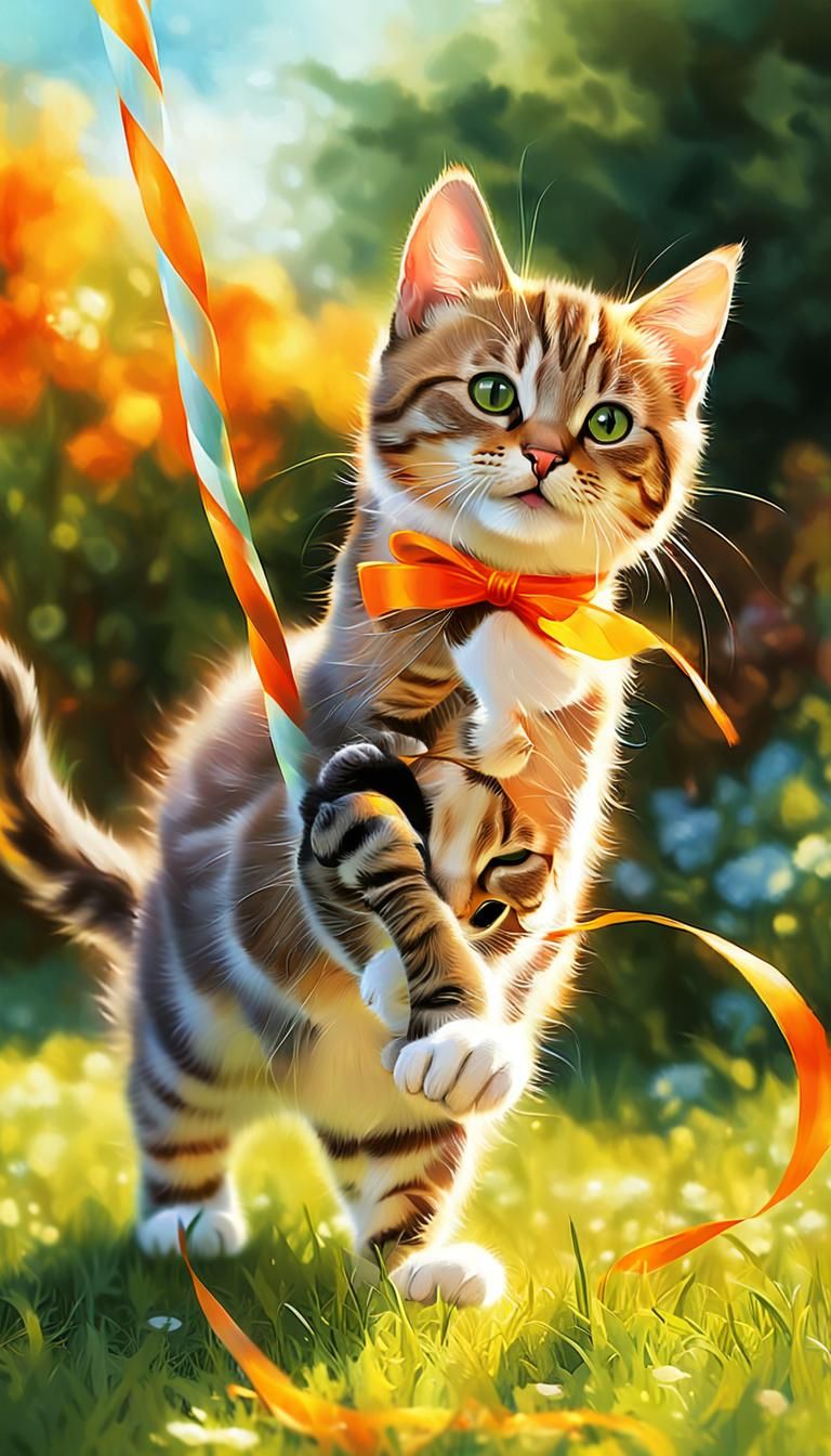 Tabby Kitten Plays with Ribbon: Whimsical Digital Painting