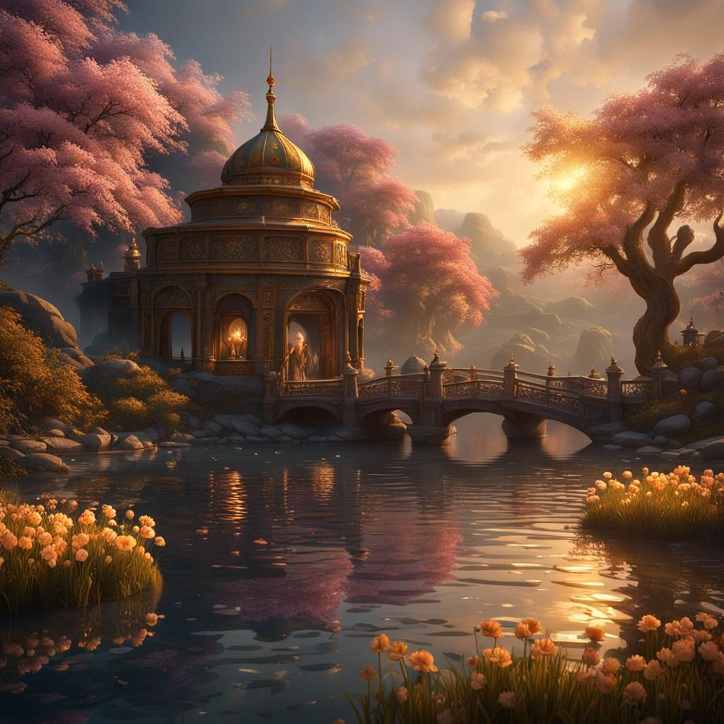Golden Sunset Over Tranquil Waters: Fantasy Concept Art