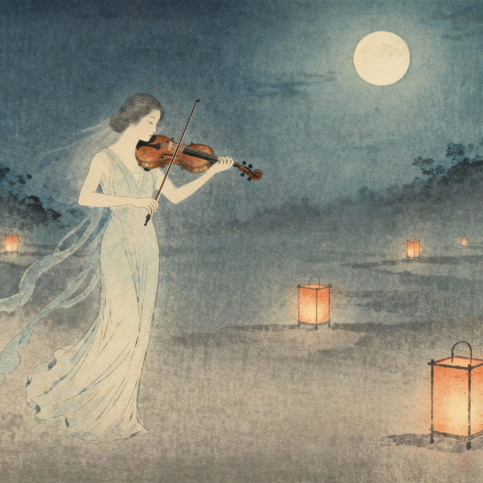 Yamato-e Painting: Violin Resonance on Tranquil Summer Night