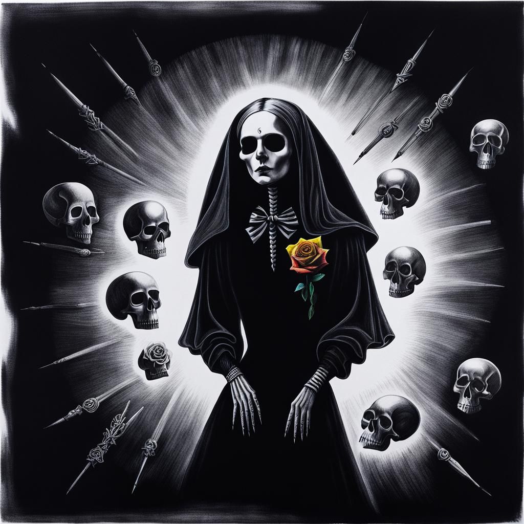 Goth Woman in Pain: Surreal Crayon Drawing