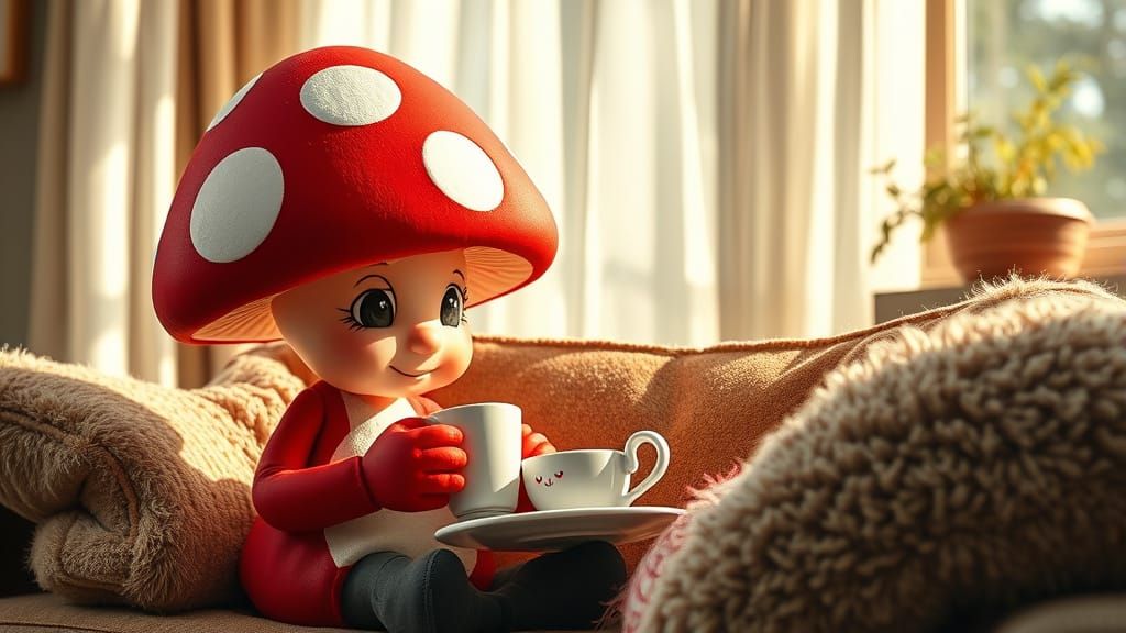 Whimsical Mushroom Friends Enjoy Tea in Cozy Living Room Sce...