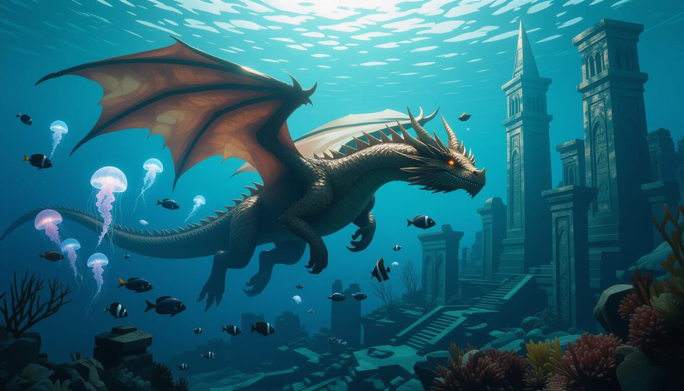 Bronze Dragon in Atlantis: Hyper-Realistic 8K Render