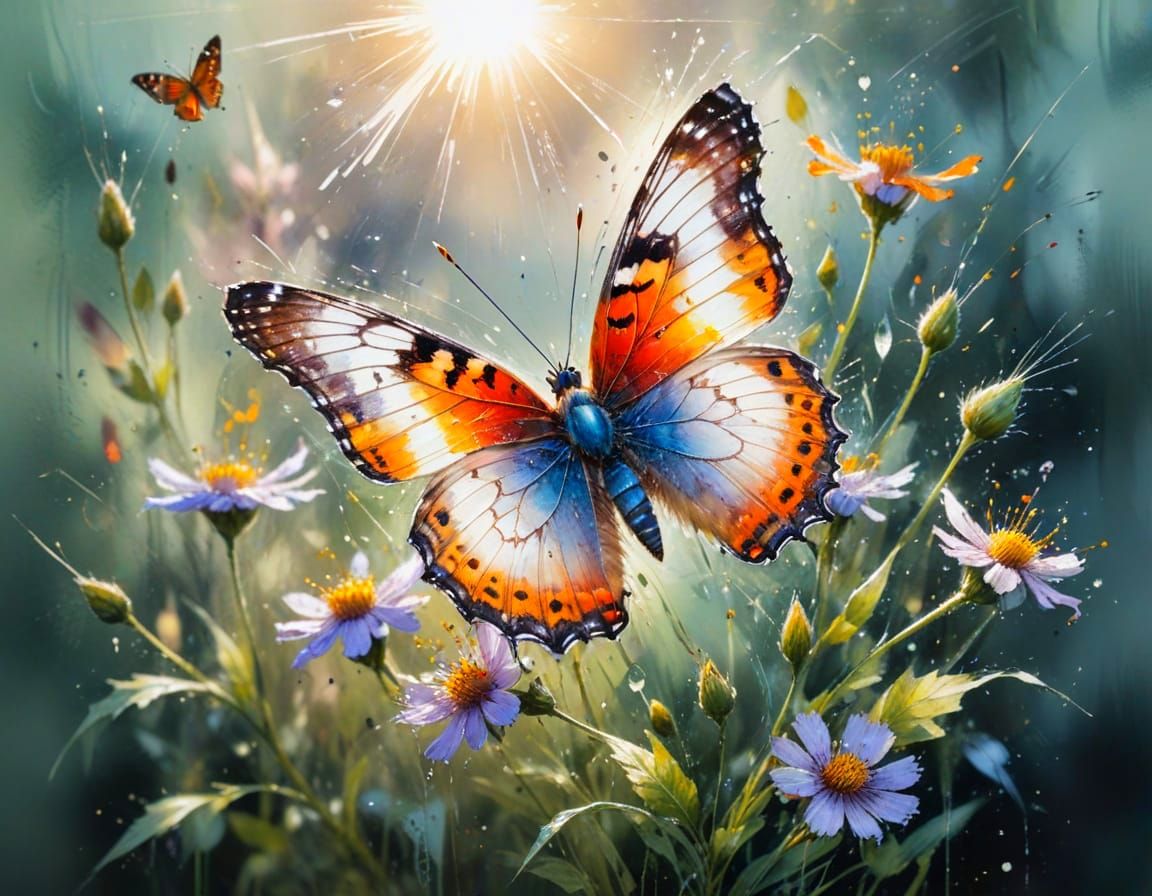 Butterfly on Wildflower in Watercolor Style