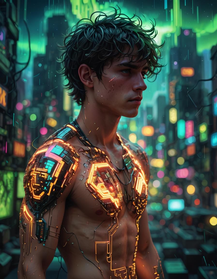 Retrofuturistic Man in Glitched Landscape: Comic Book Style