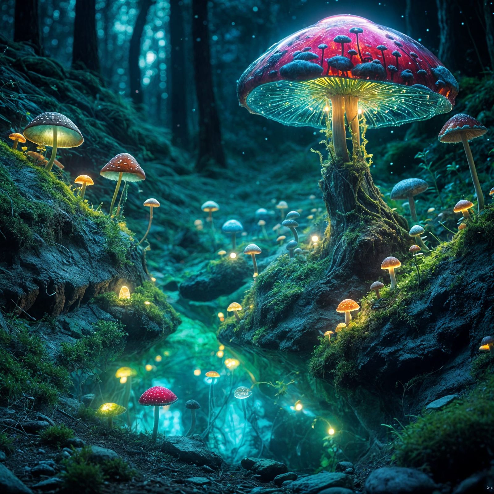 Bioluminescent Crystal Mushroom Sparkles in the Dark