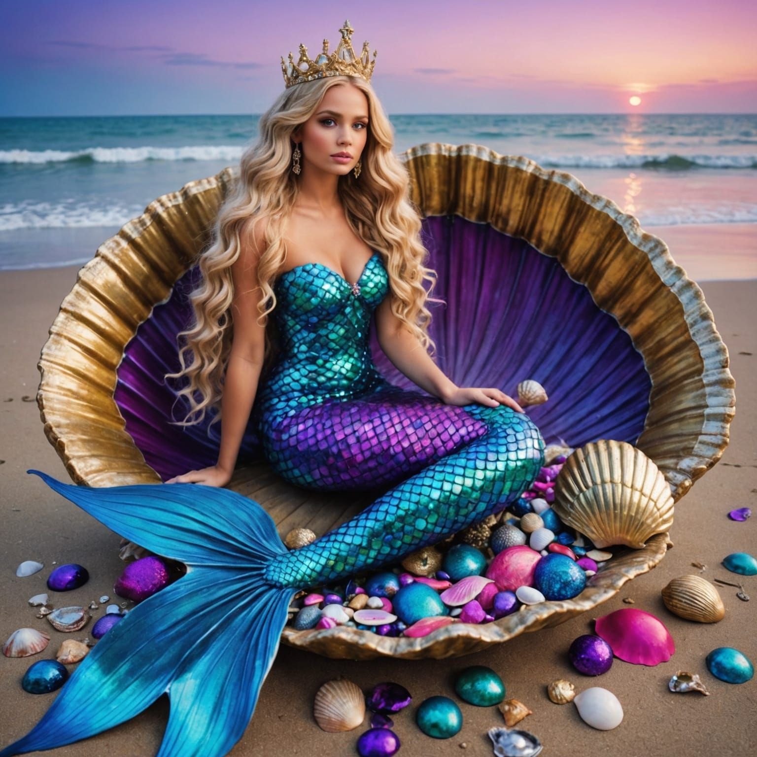 Mermaid Sitting In A Shell On The Beach