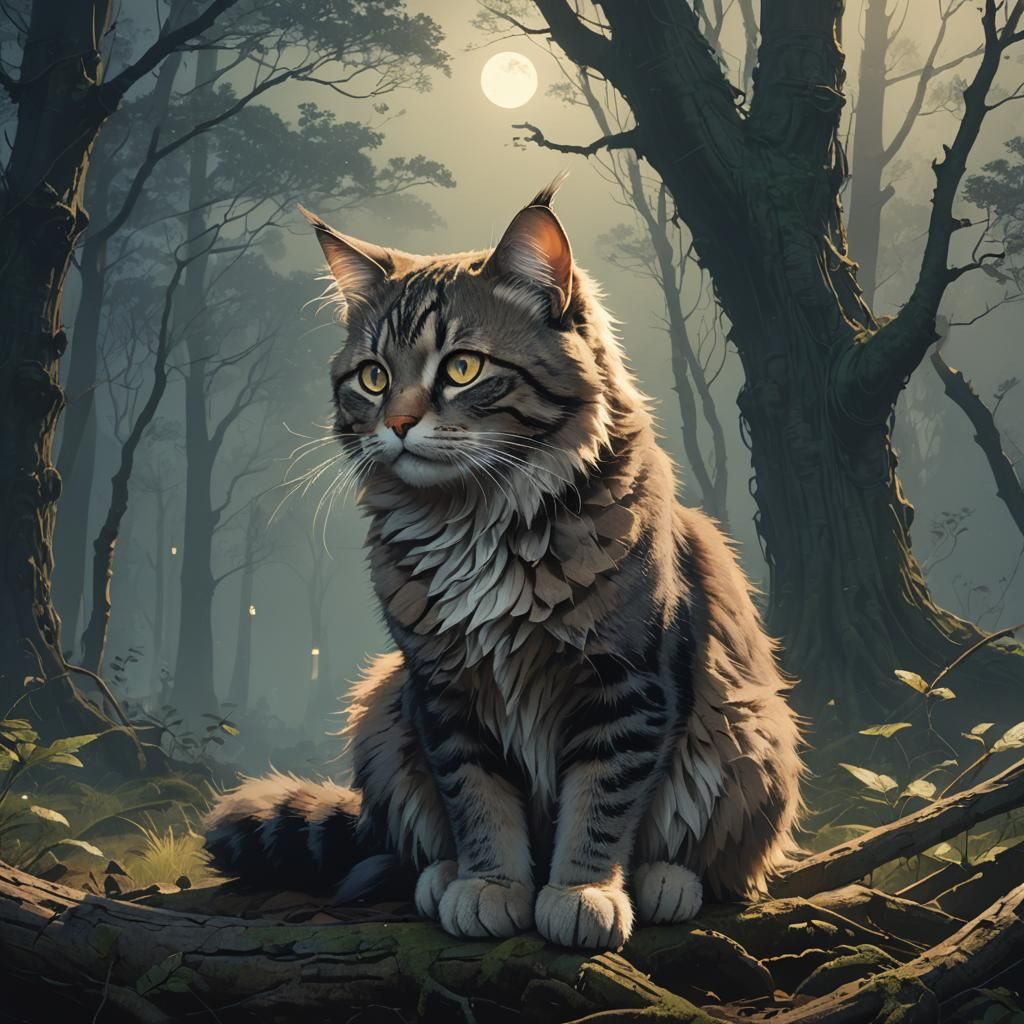 Moonlit Forest Cat: Realistic and Mystical