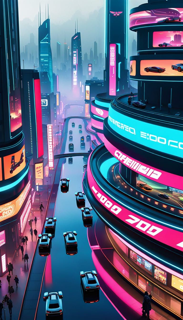 Surreal Cyberpunk Cityscape Under Neon Lights at Dusk