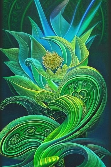 Glowing Green Lotus with Flames, Collage Art