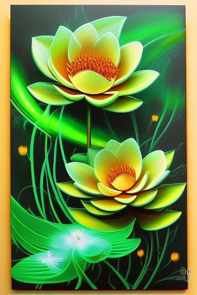 Gorgeous Glowing Green Lotus with Flames, Collage Art