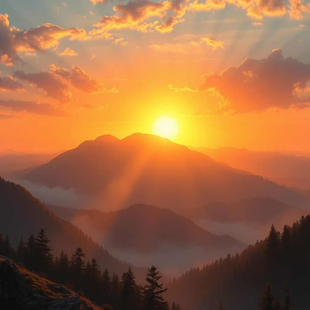 Radiant Sunrise Over Misty Mountains in Hyperrealistic Style