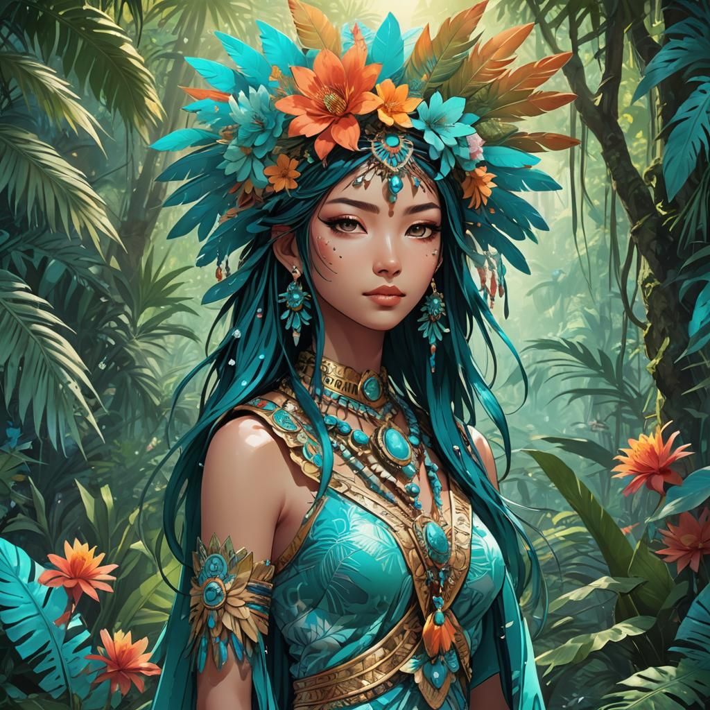 Anime Maya Lady in Jungle with Turquoise Jewelry