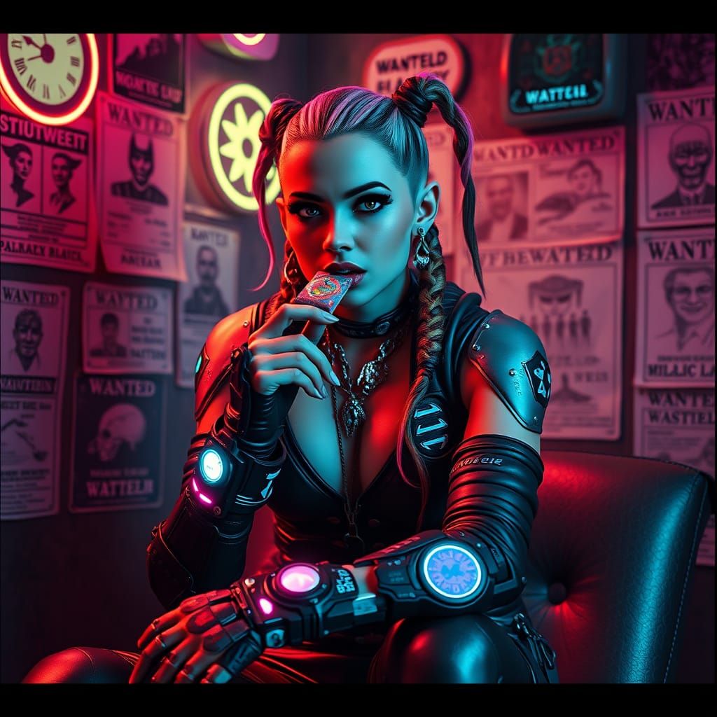 Galactic Smuggler Queen in Neon-Lit Den