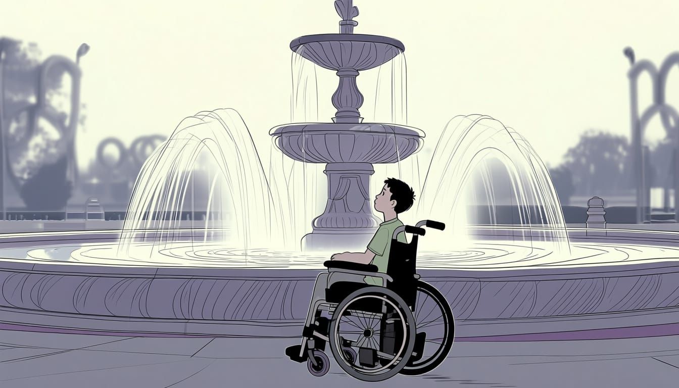 Boy in Wheelchair by Olympic Fountain at Dawn