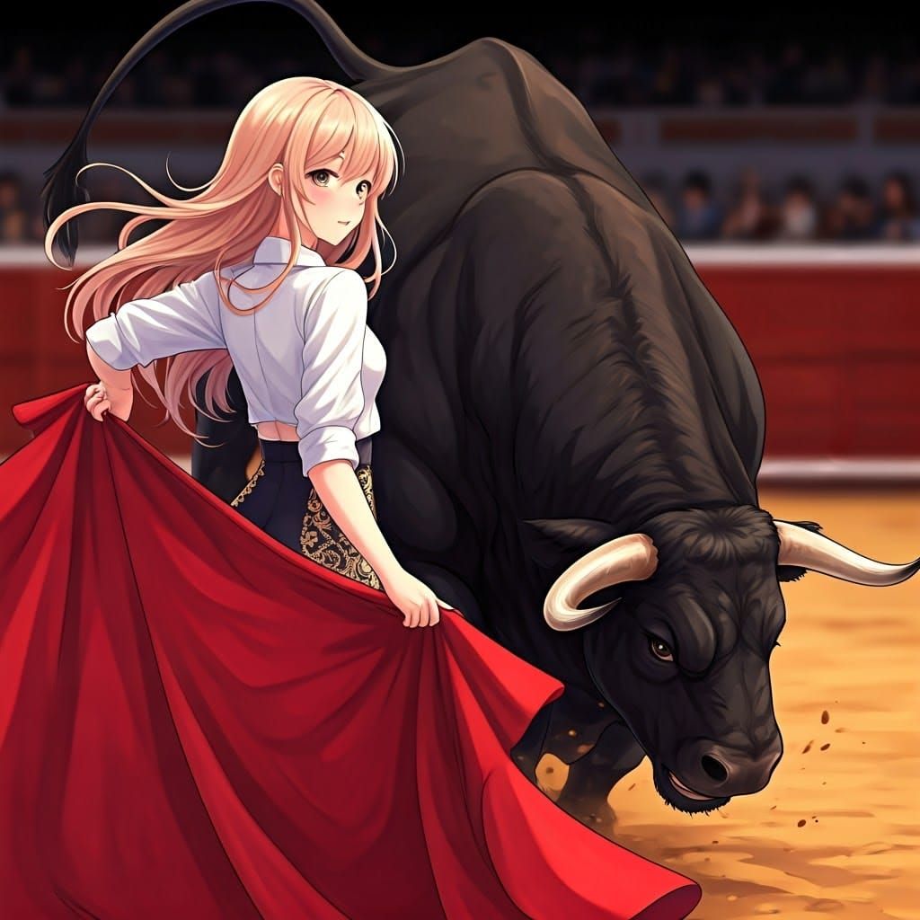 Anime Girl Bullfighter with Red Muleta Sheet