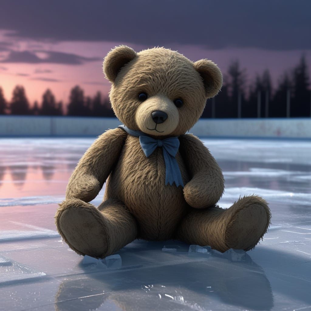 Melancholic Teddy Bear on Cracked Ice Rink at Twilight