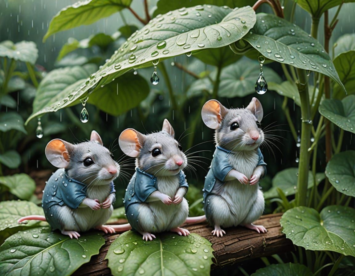 Mice in Whimsical Watercolor Scene Under Raindrops
