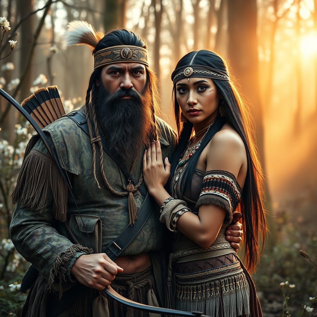 Native Couple Hunting in Spring: Hyperrealistic Digital Art