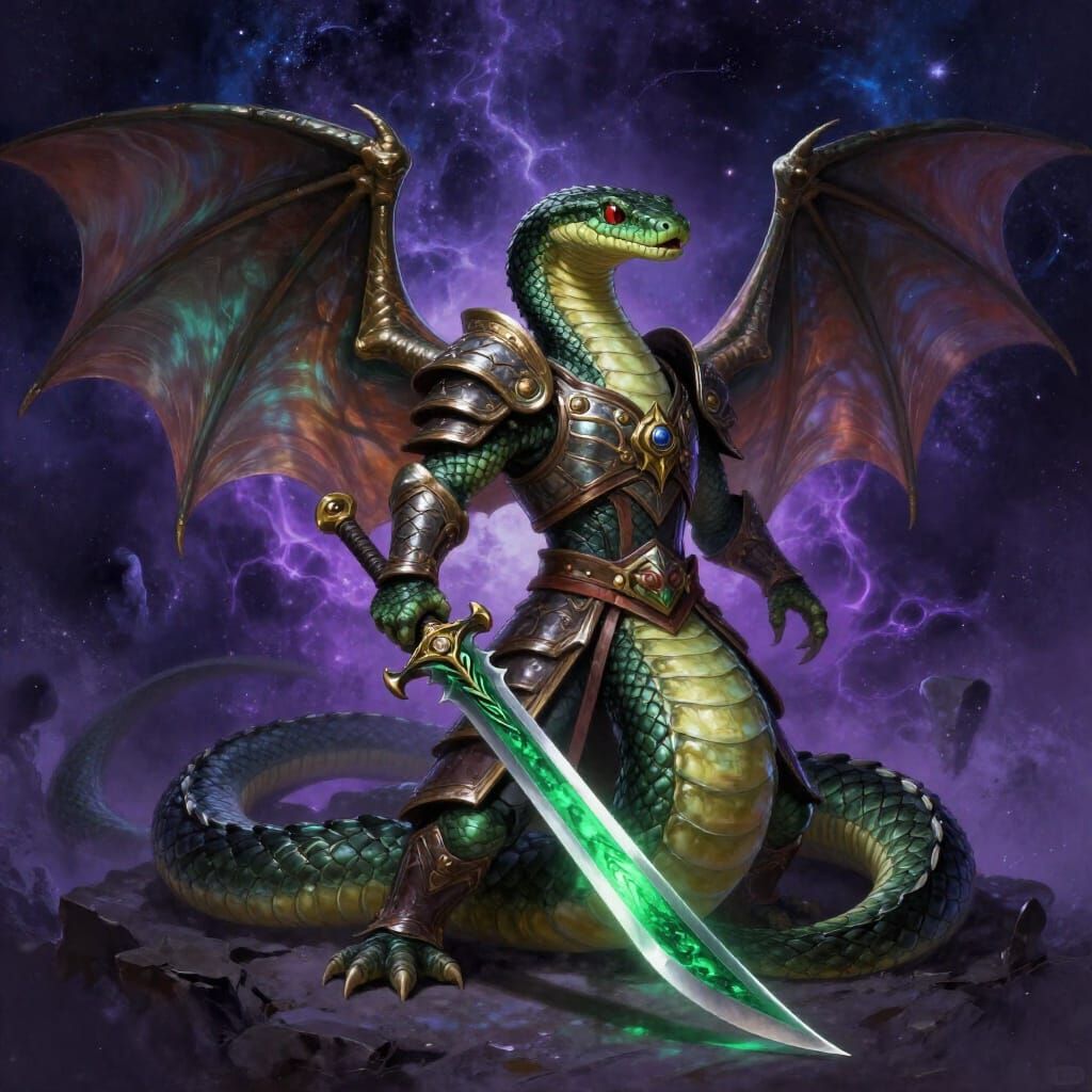 Anaconda Warrior with Dragon Blade in Cosmic Nebula