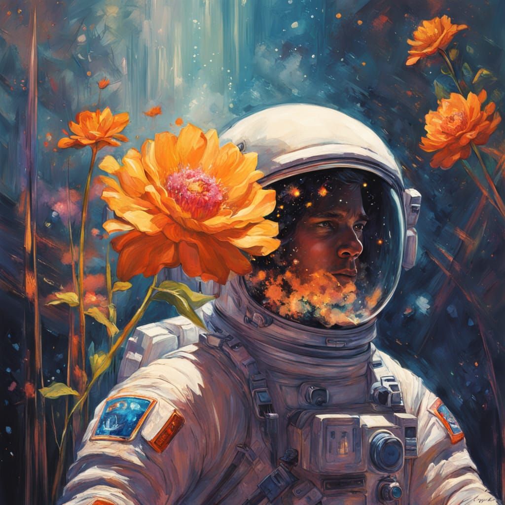 Astronaut Touches Luminous Flower in Cosmic Nebula