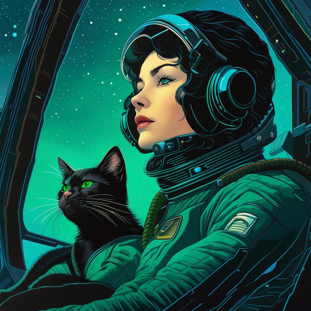 Cat Space Pilot: Oil Painting in Teal and Green