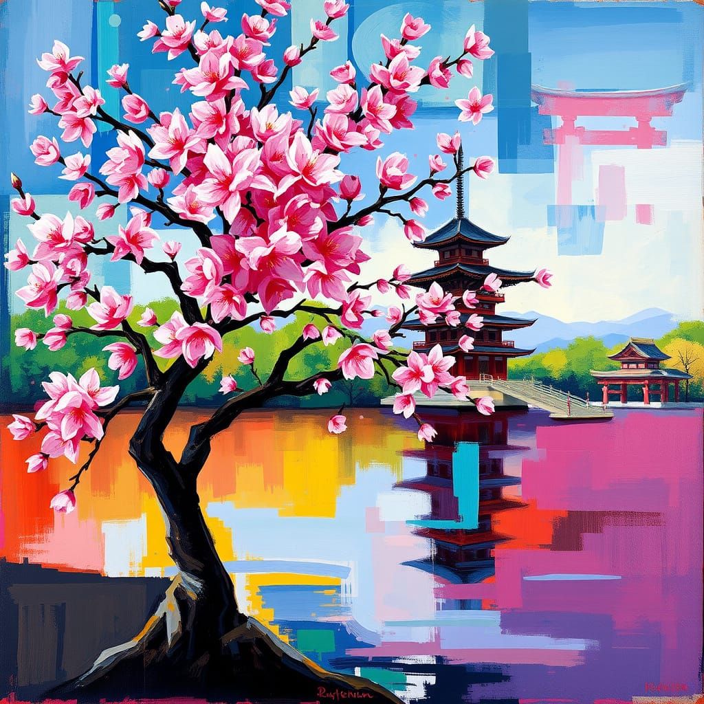 Sakura Tree in Vibrant Cubist Style