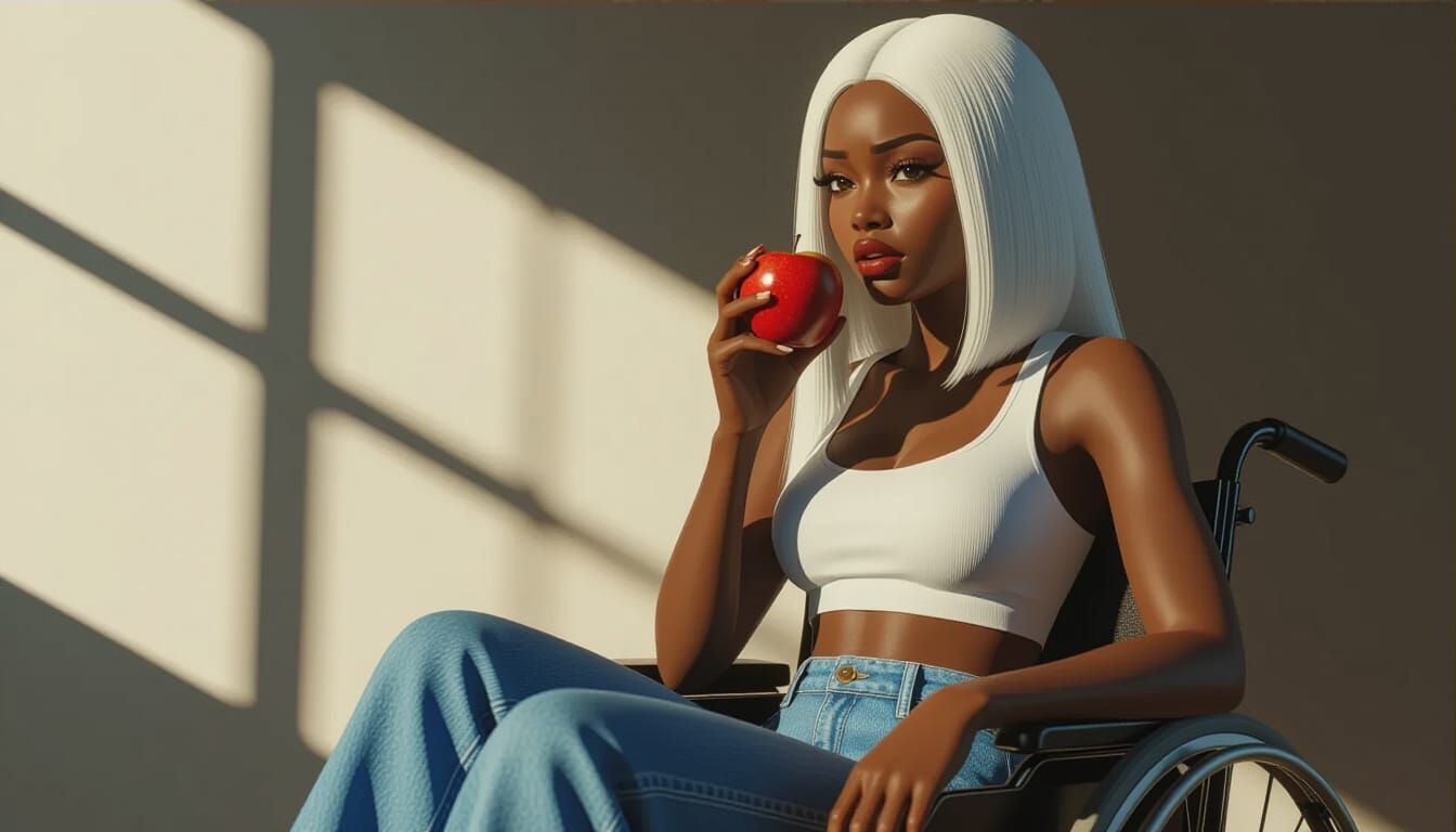 African Woman Eating Apple in Shadowed Parlor