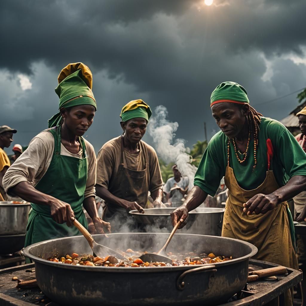 Caribbean Elves Cooking Under a Dark Sky