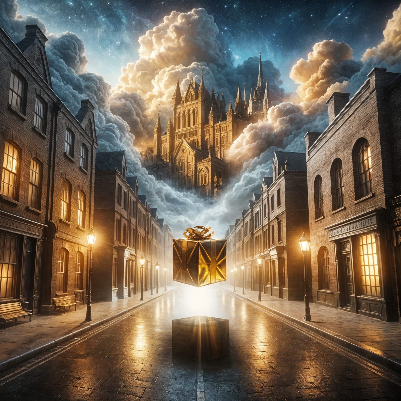 Magical City Street with Hovering Parcel in Cinematic Style