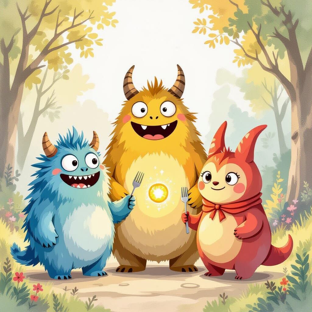 Whimsical Monsters in Children's Storybook Style Illustratio...