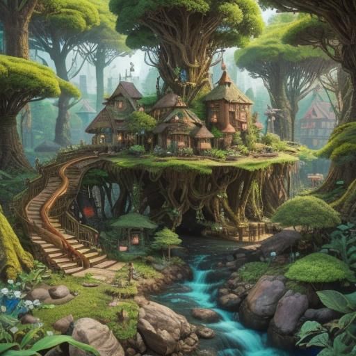 Enchanted Forest Urban Sketch with Mystical Creatures