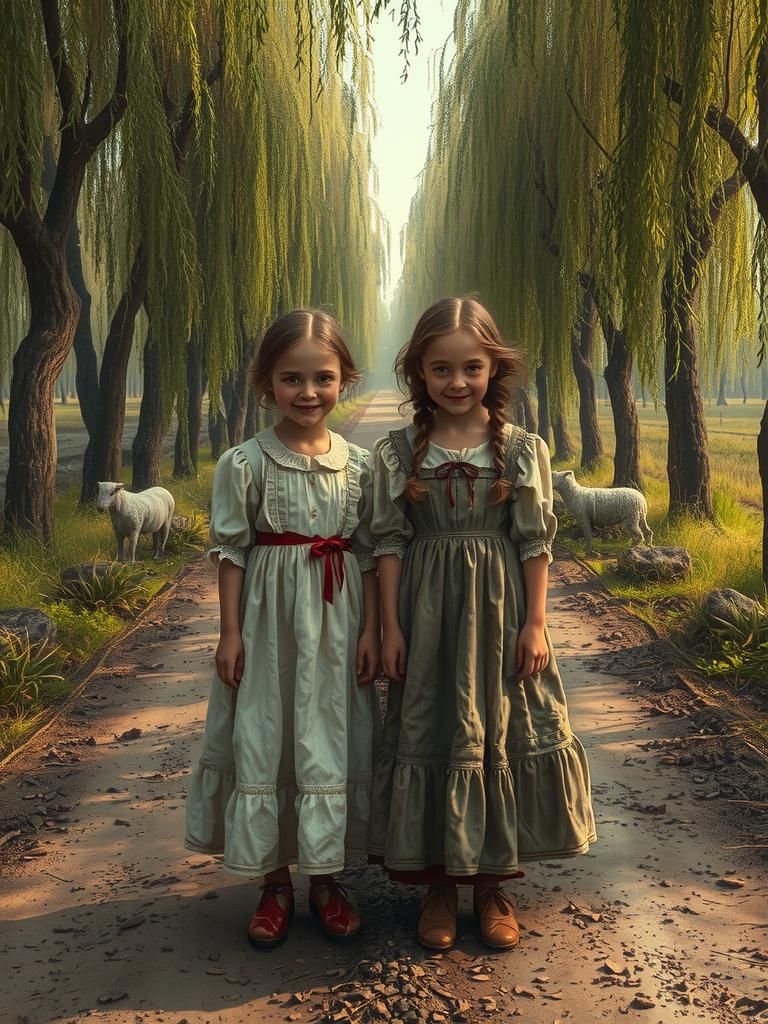 Colonial Girls on Dirt Road, Storybook Illustration