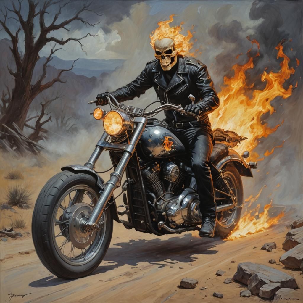 Ghost Rider Ablaze, Oil Painting Style