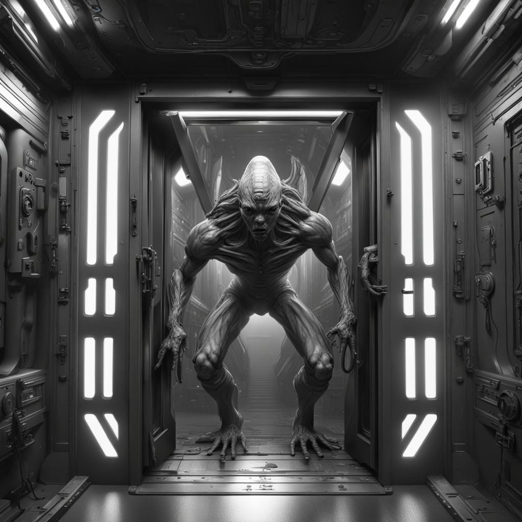 Luminescent Alien Monster Breaks Through Spaceship Door