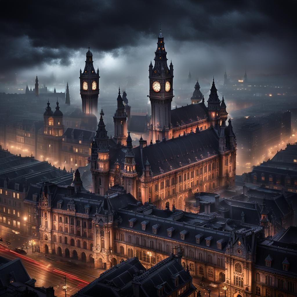Steampunk Megalopolis at Night: Dark Fantasy Concept Art