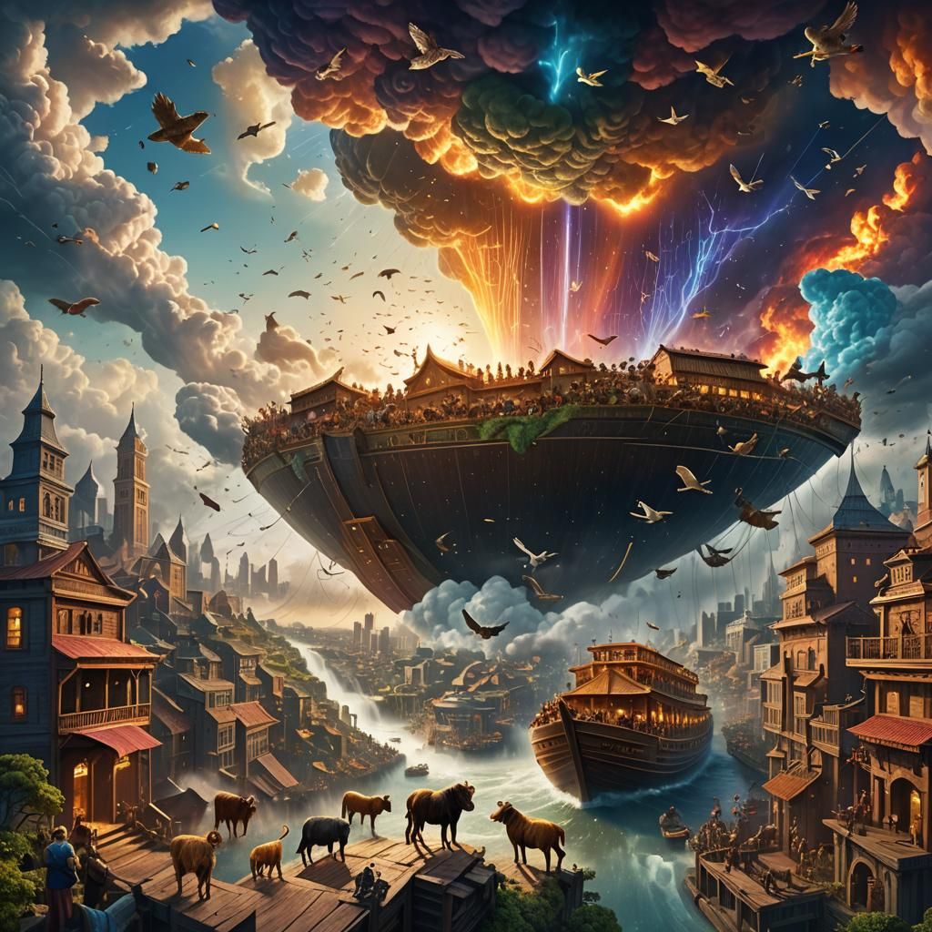 Noah's Ark Floating Above City: Fantasy Art