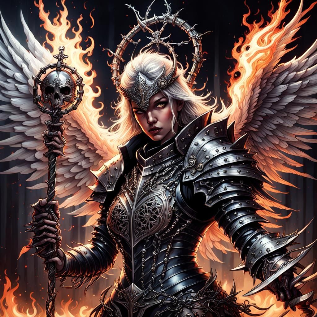 Angel in Spiked Armor with Flaming Chain Whip