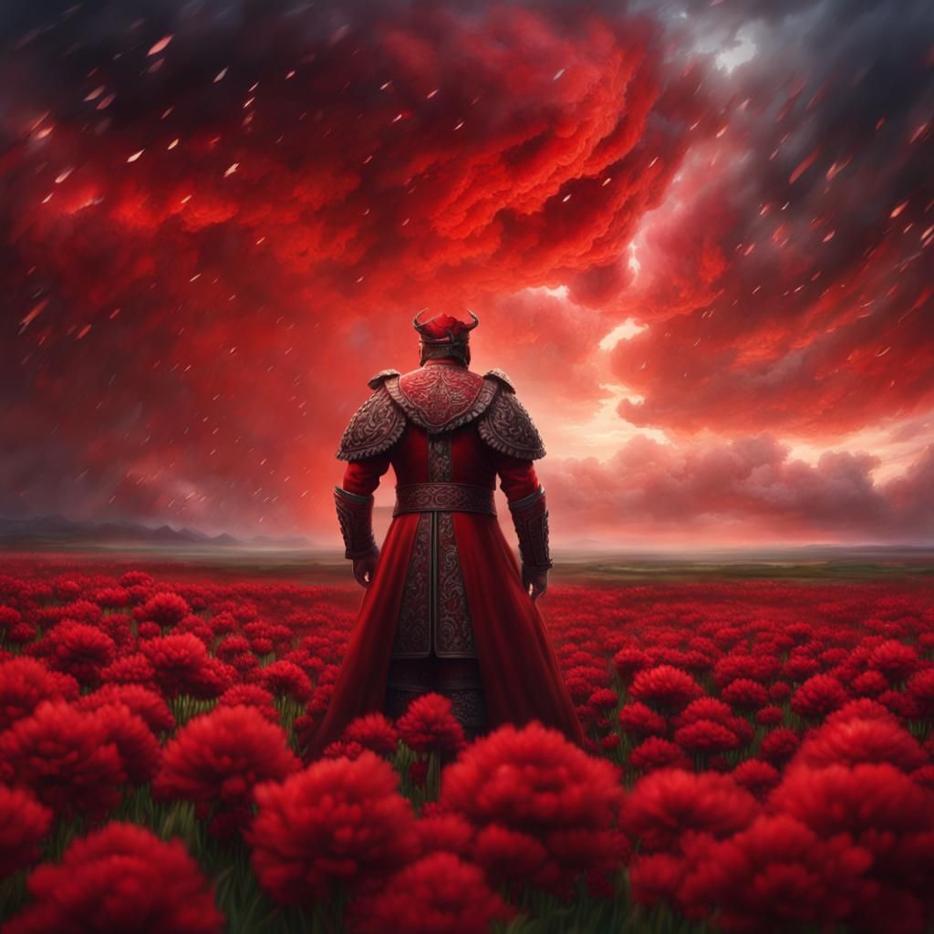 Ogre in Red Military Coat Amidst Storm Clouds