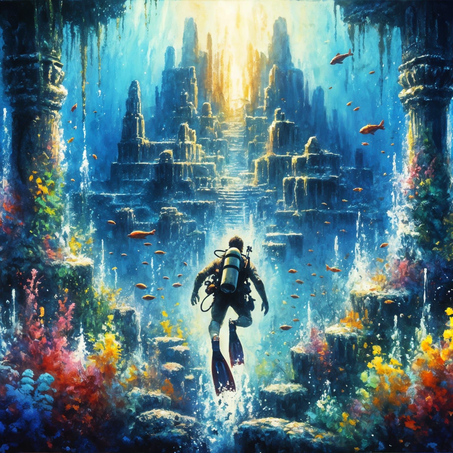 Atlantis Discovery in Impressionistic Underwater Scene