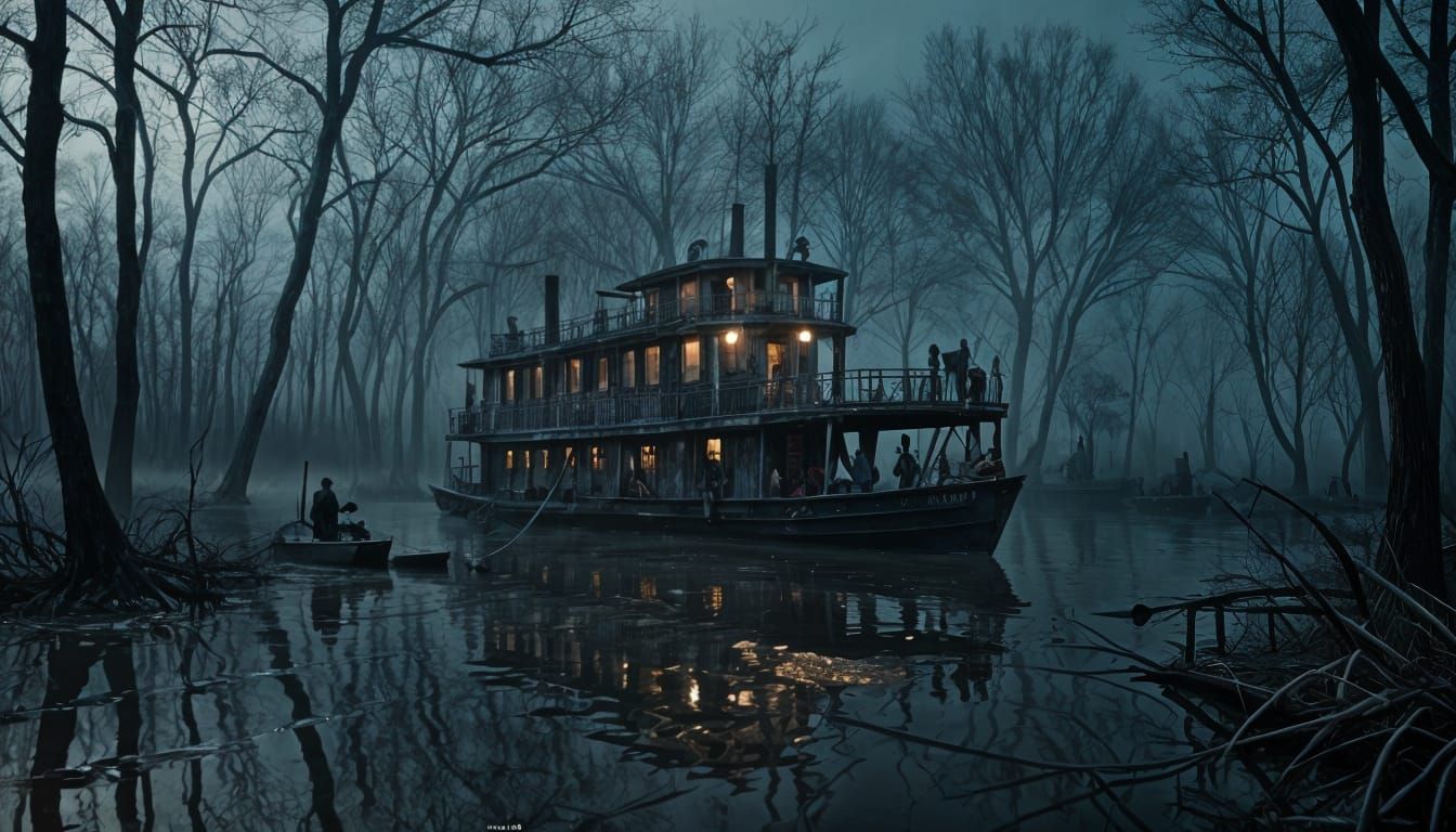 1920s Investigators in Foggy Mississippi Delta Riverboat Hor...