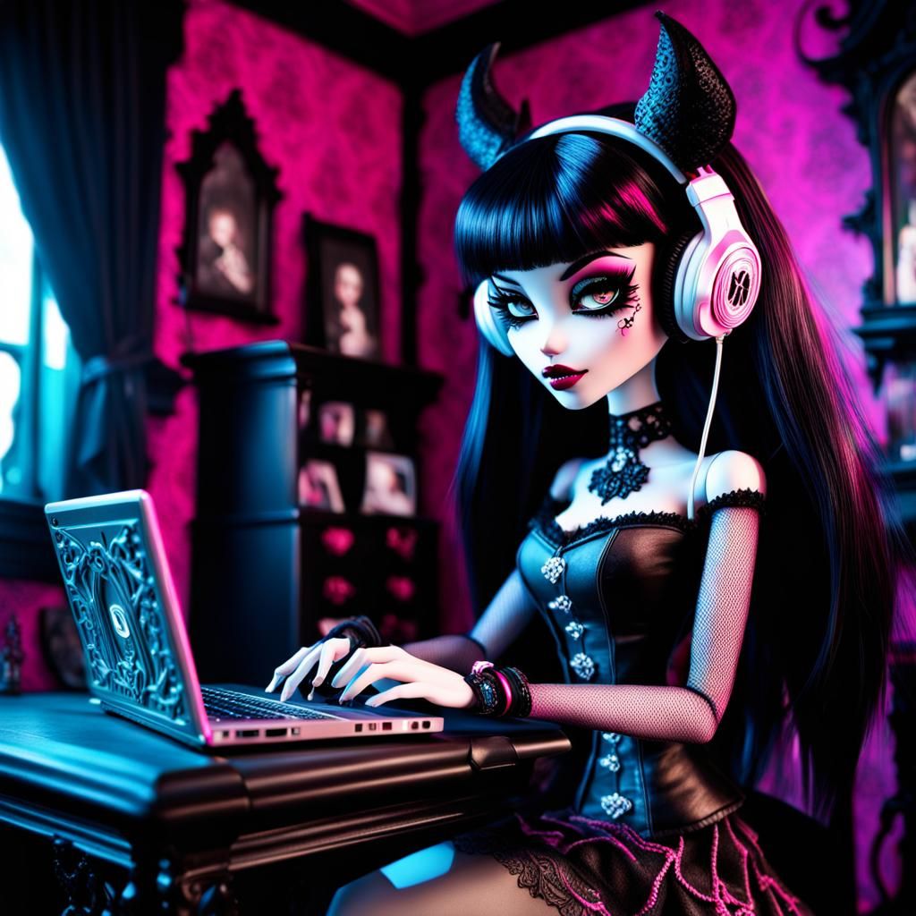 emo monster high draculaura using laptop wearing headphones ...