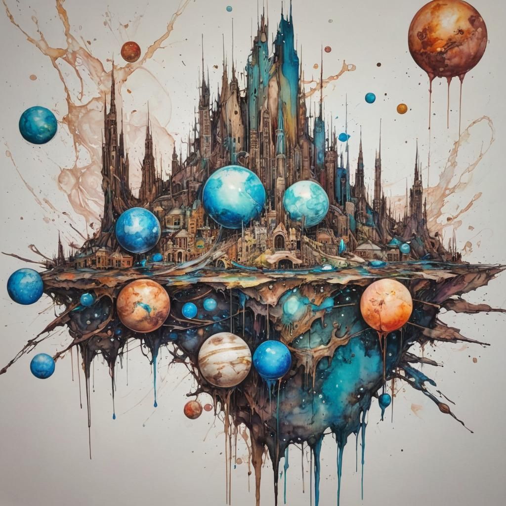 Futuristic Fantasy City with Planets in Alcohol Ink