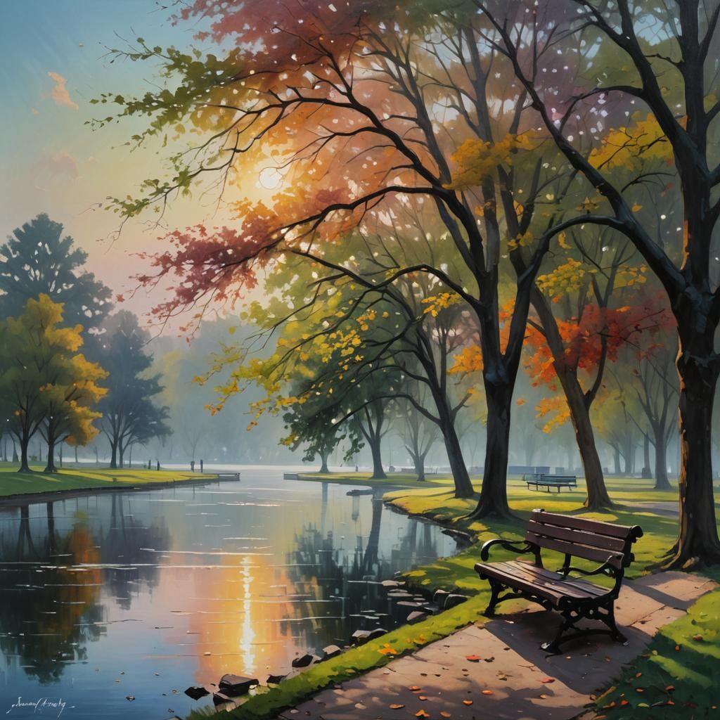 Foggy Morning Park Scene in Impasto Oil Painting