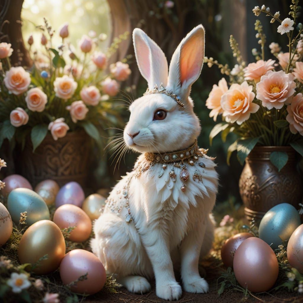 Whimsical White Bunny in Victorian Armor amidst Pastel Bloom...