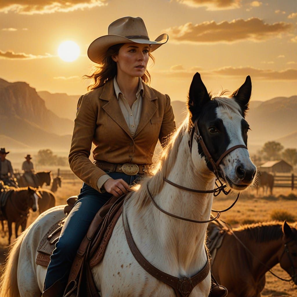 Cowgirl and Palomino Mare at Golden Hour