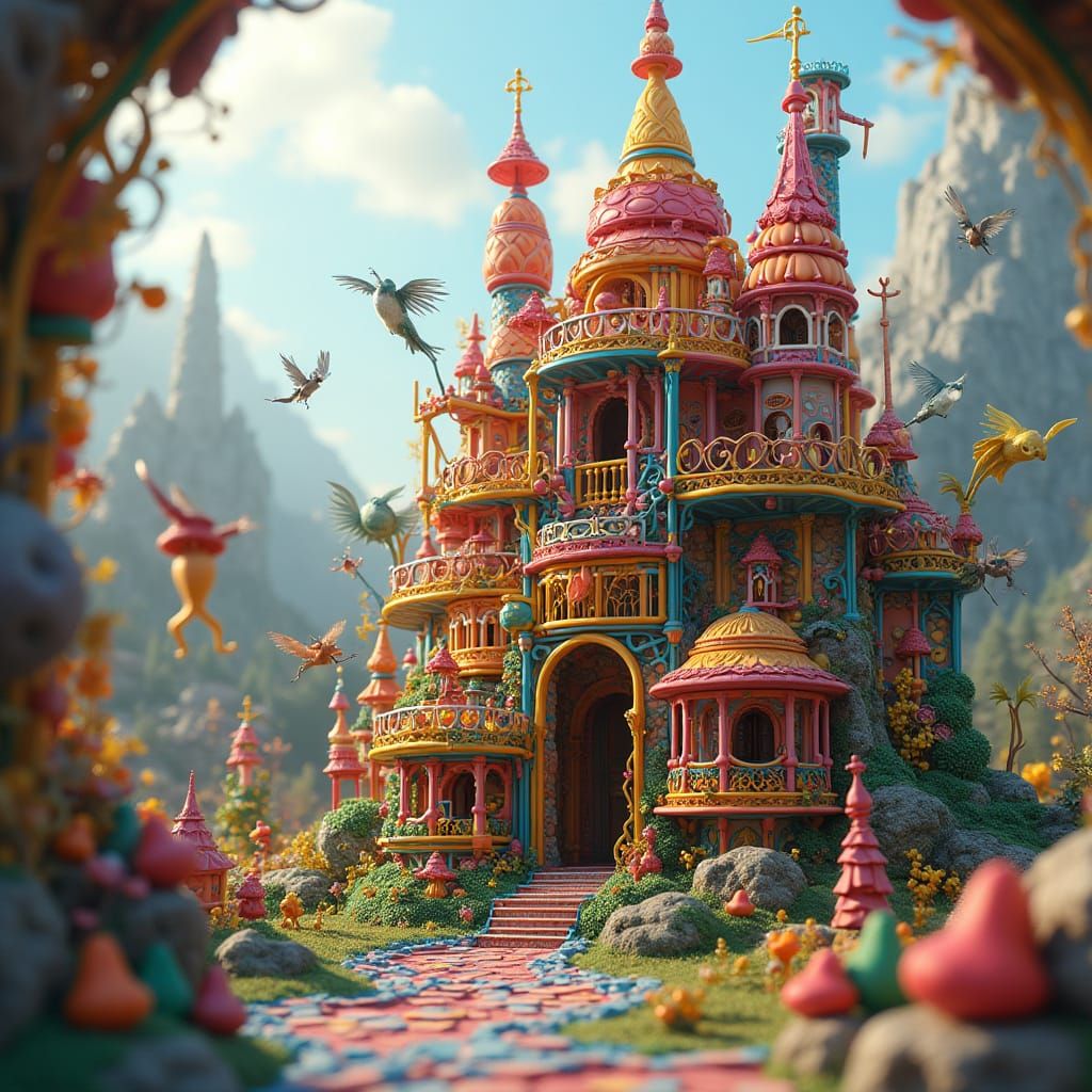 Fantastical Tinker Toy Building in Dreamlike Style