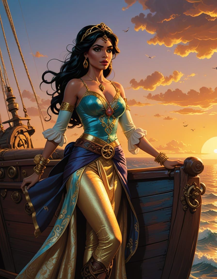 Pirate Princess Jasmine in Golden Sunset Comic Book Art