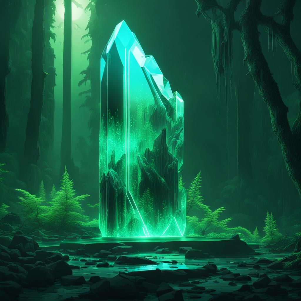 Glowing Monolith in Neon Cyberpunk Forest