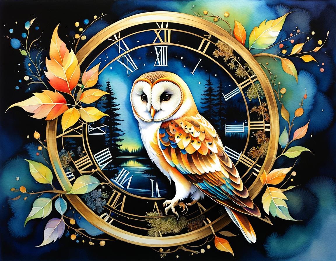 Goldenpunk Barn Owl in Dreamcore Birch Woods