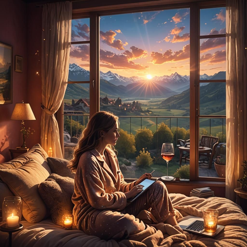 Cozy Girl's Dreamy Landscape: Cinematic Digital Painting